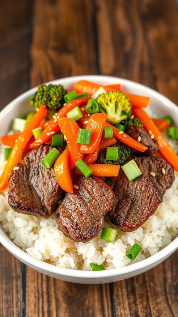 A delicious steak rice bowl with steak slices, colorful vegetables, and rice, garnished with green onions and sesame seeds.
